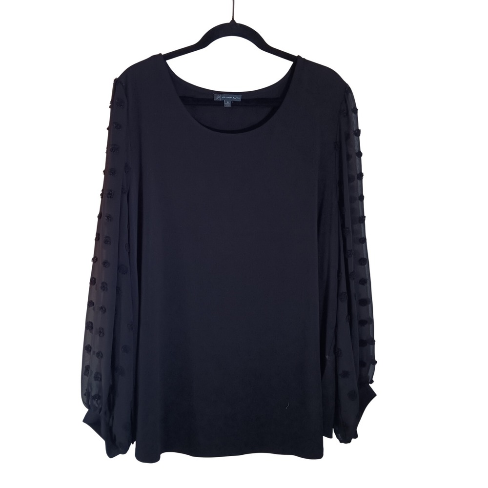 Adrianna Papell Black Blouse 3X Long Sleeve Sheer‎ Polka Dot Party Top